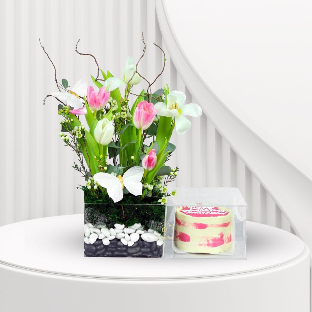 Gentle Tulips and Cake Arrangement