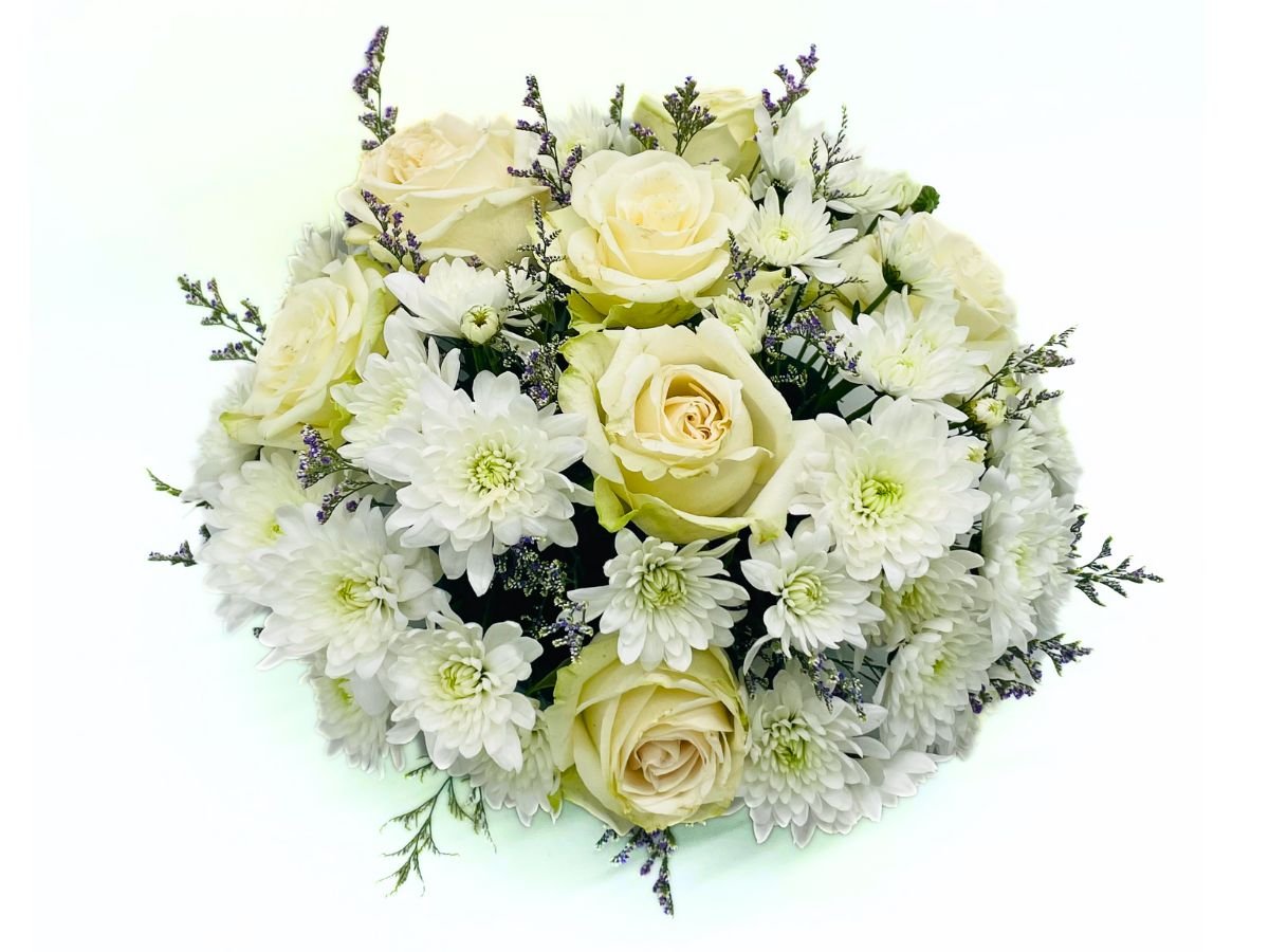Petite Elegance Centerpiece - White Roses and Baby Roses Arrangement