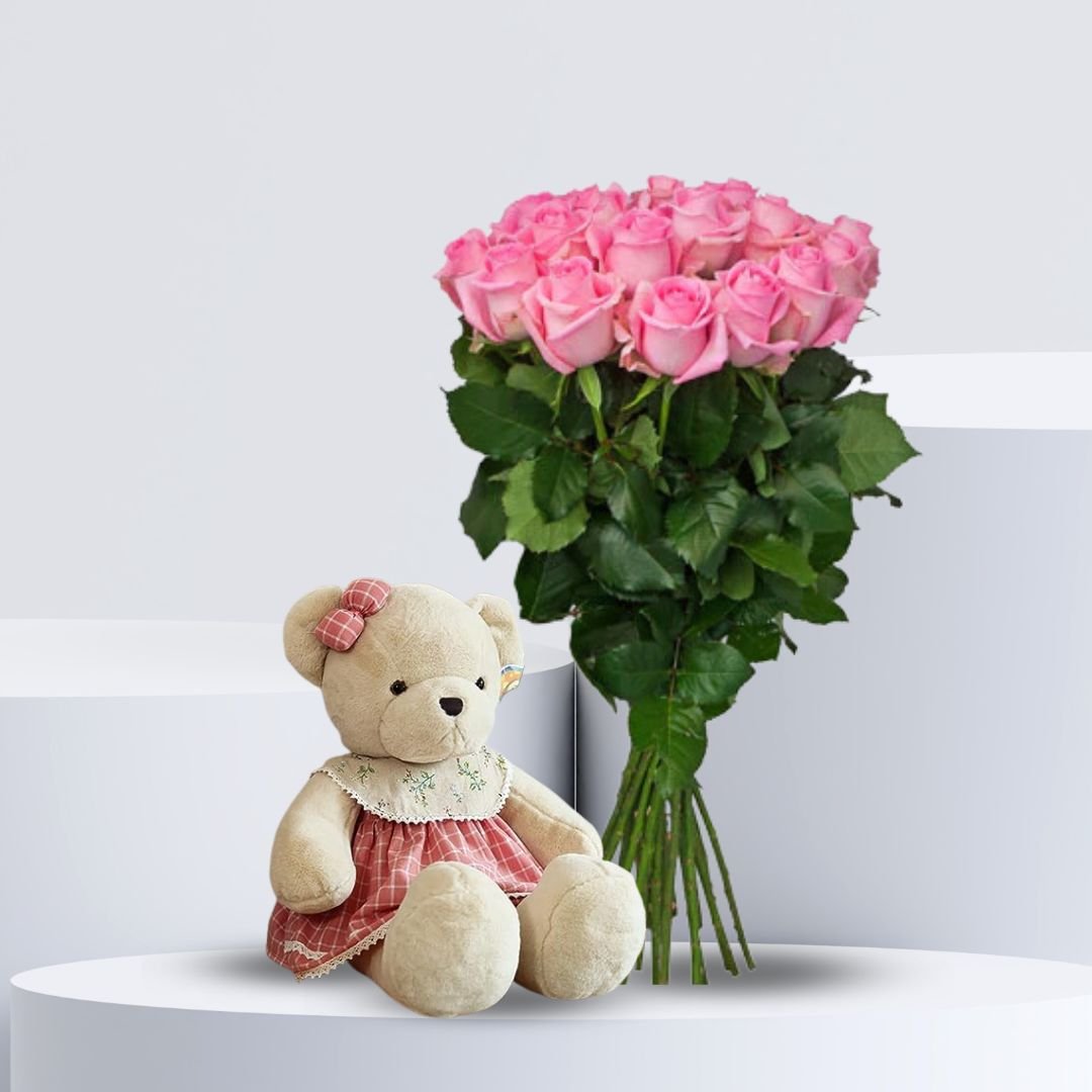 Pink roses bouquet with Teddy Bear