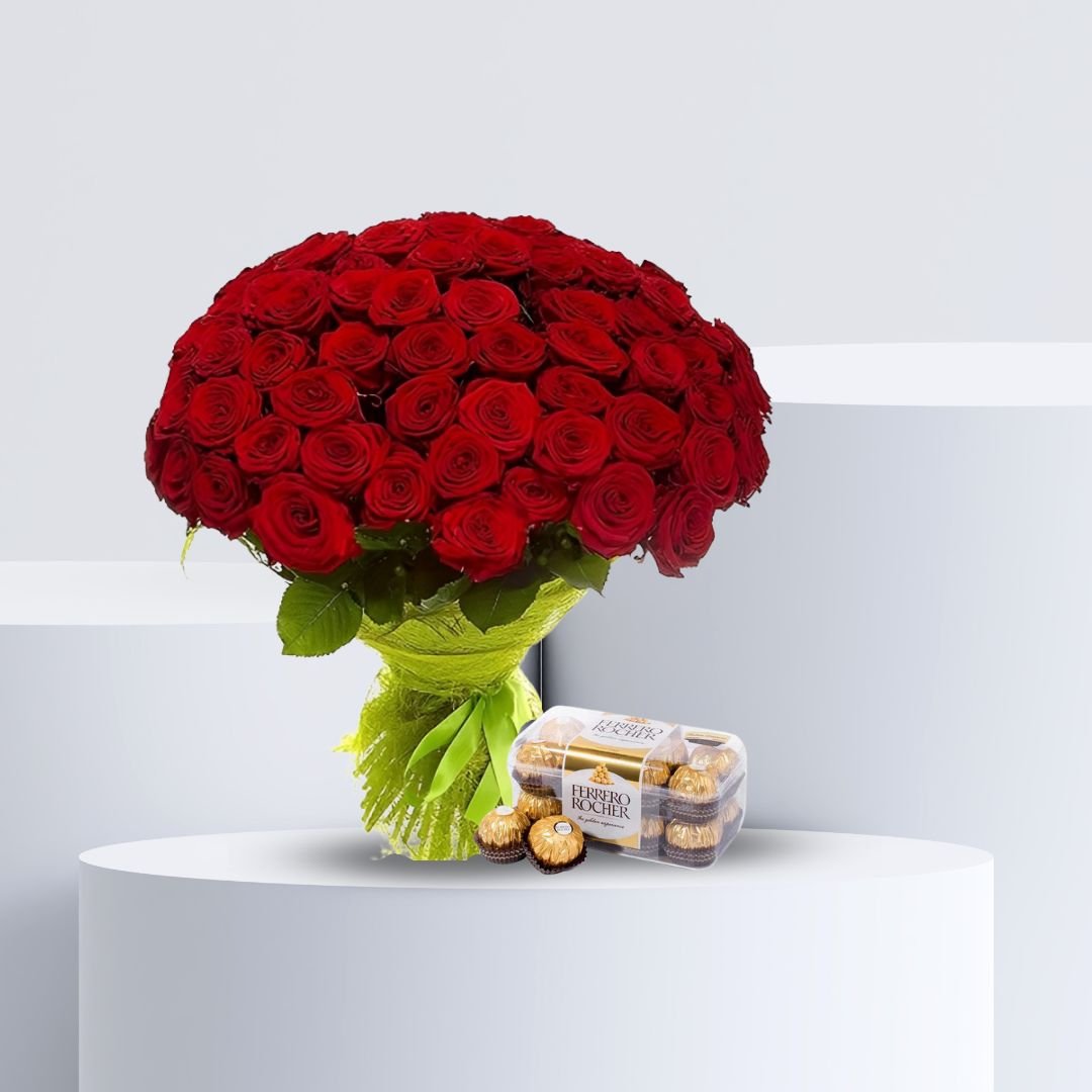 Premium Red Roses bouquet With Ferrero