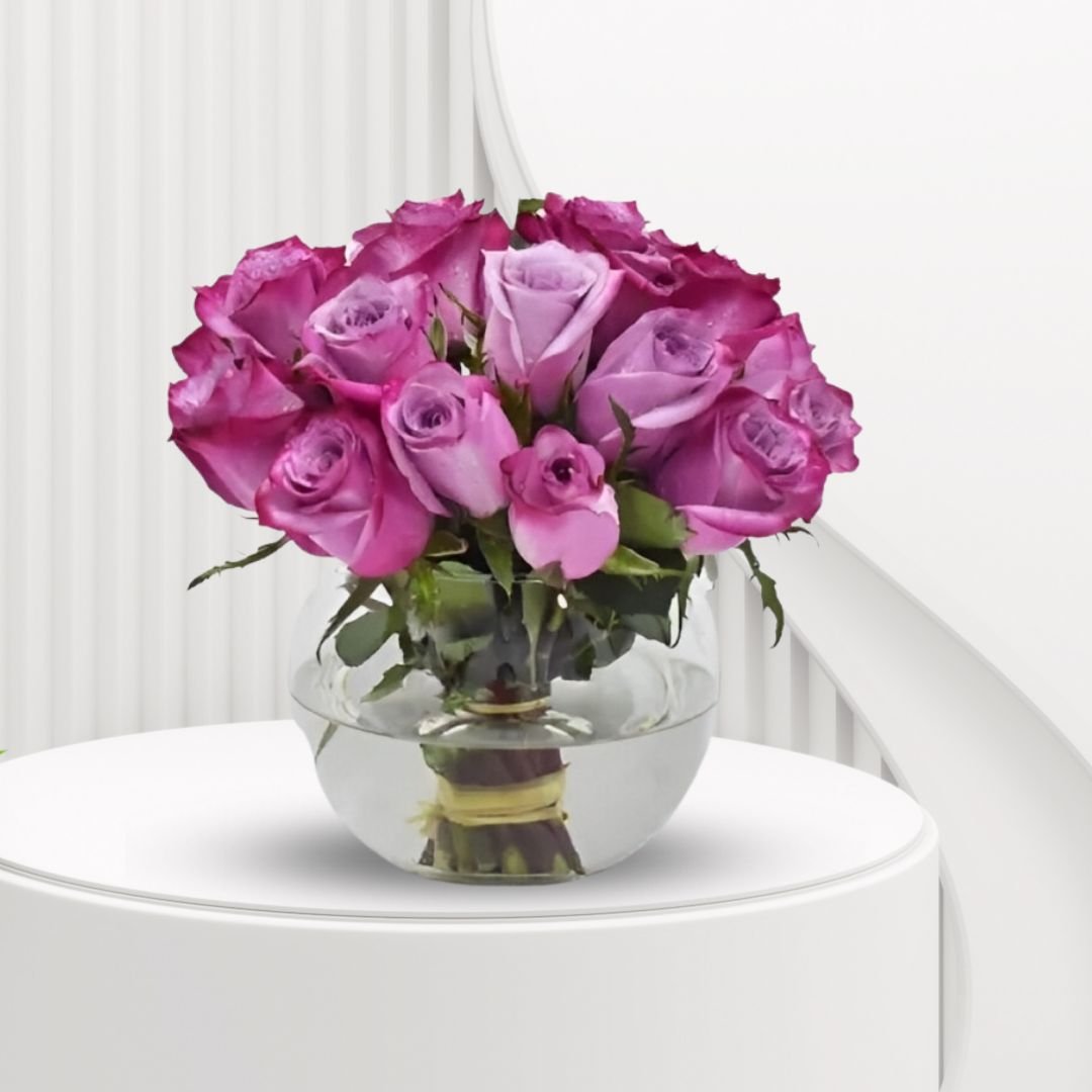 Purple Roses Glass Bowl Arrangement