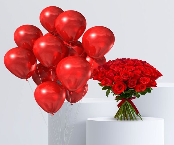 Red Rose Bouquet with Balloons - Celebrate in Style