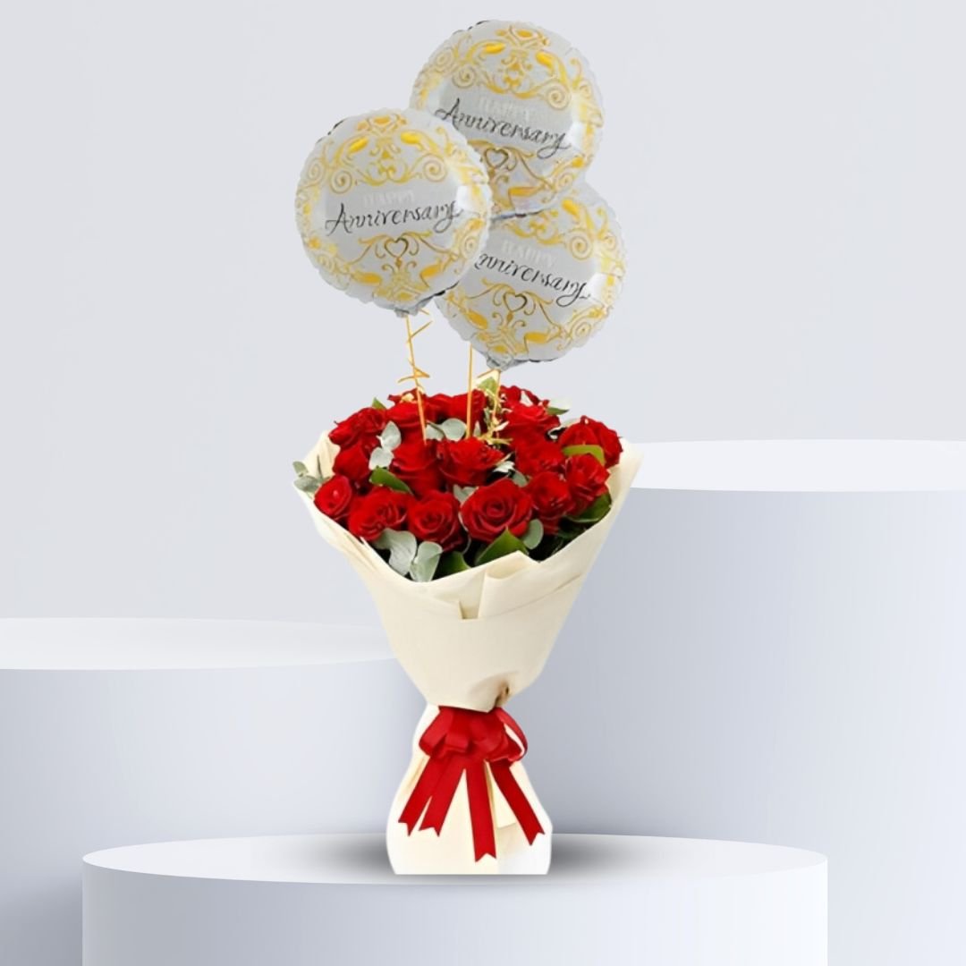 Red Roses Bouquet with Anniversary Balloons